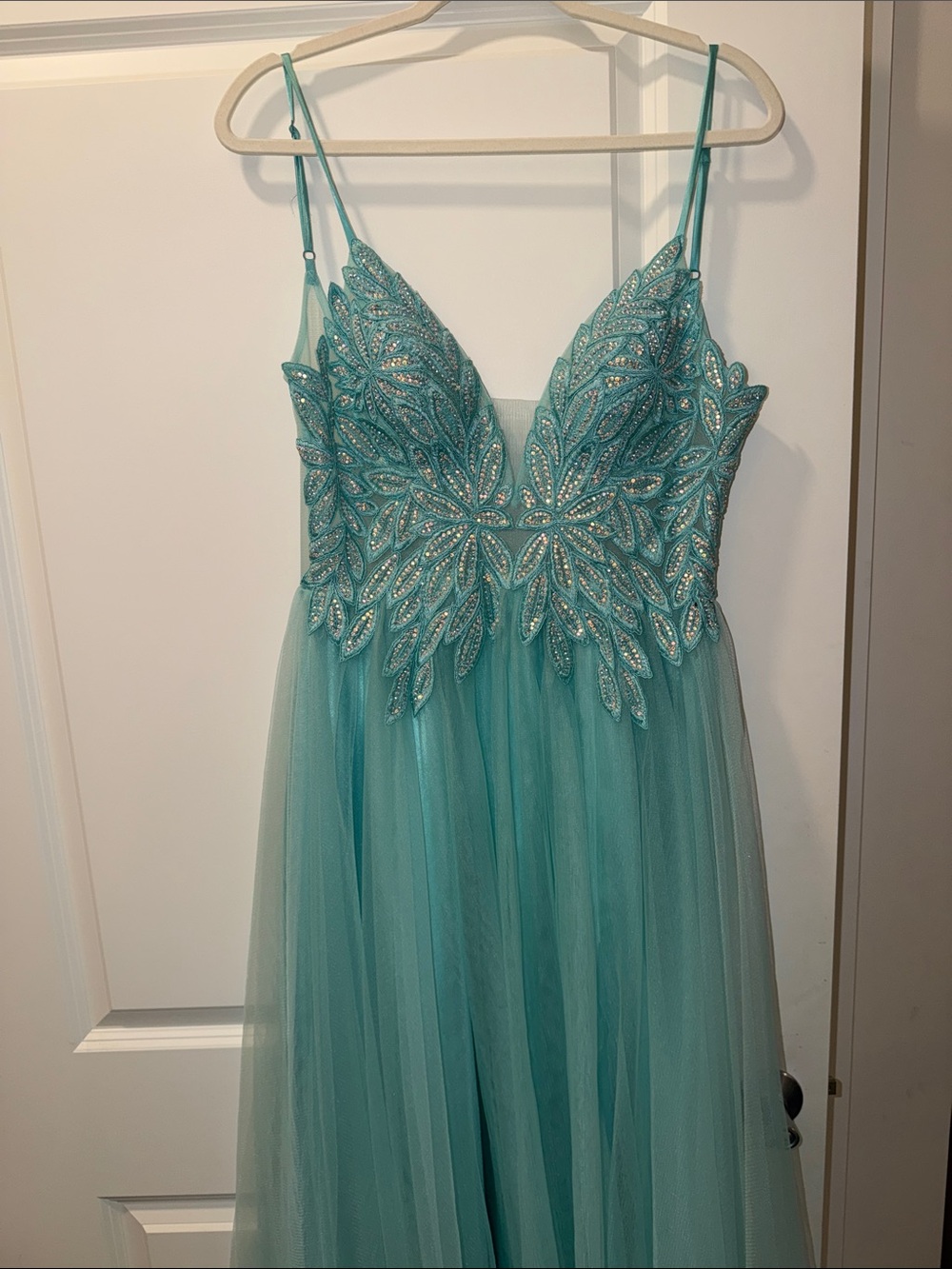 Blondie Nites Teal Beaded Tulle Spaghetti Strap Prom Dress